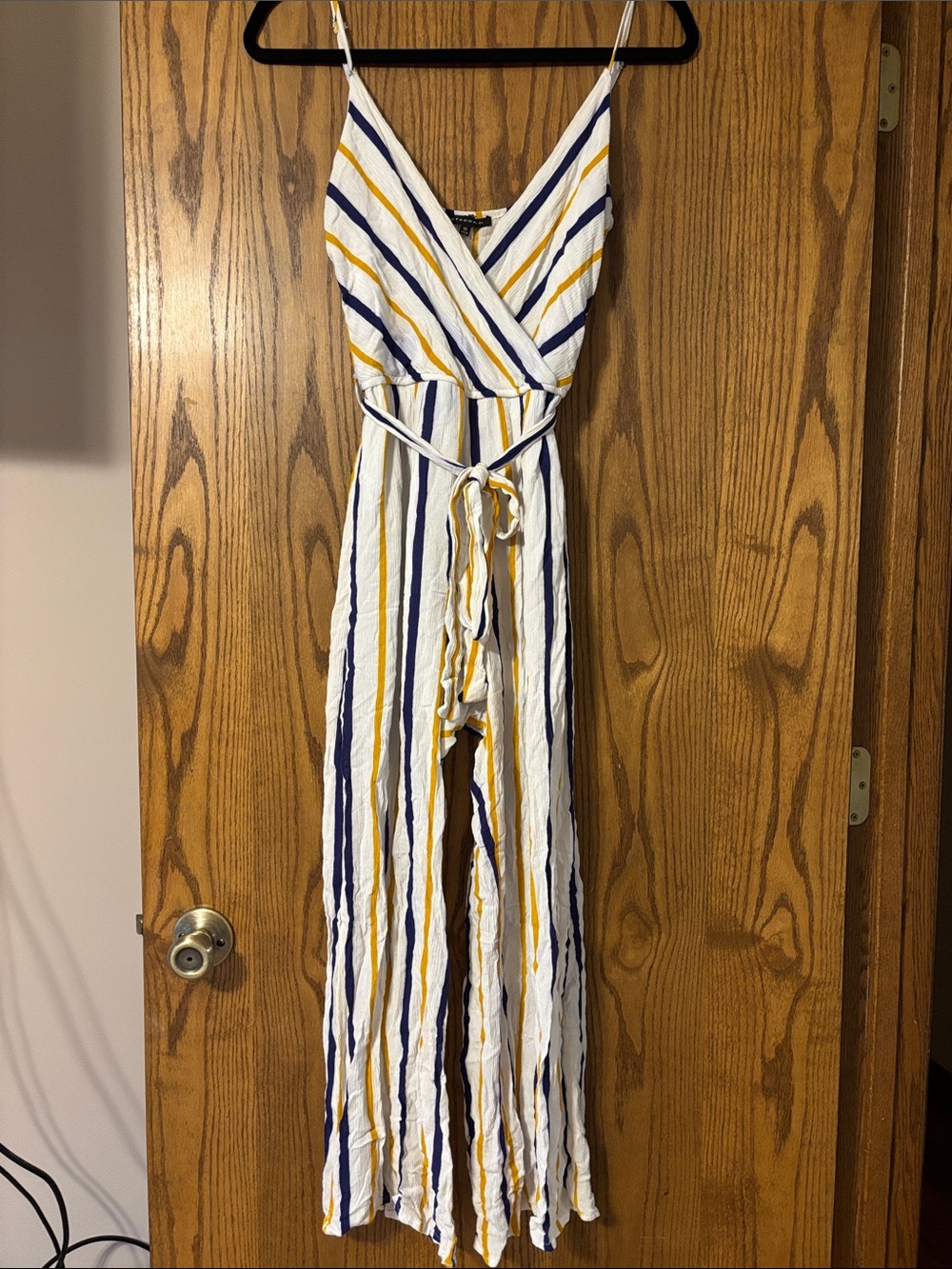 Striped V-Neck Jumpsuit in White, Navy & Mustard